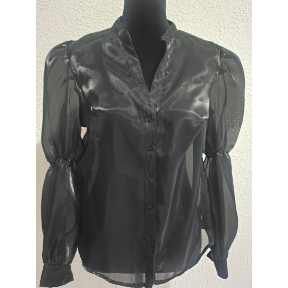 18 Centimeters Sheer Grunge Button-Up Blouse With Puff Sleeves - Size S